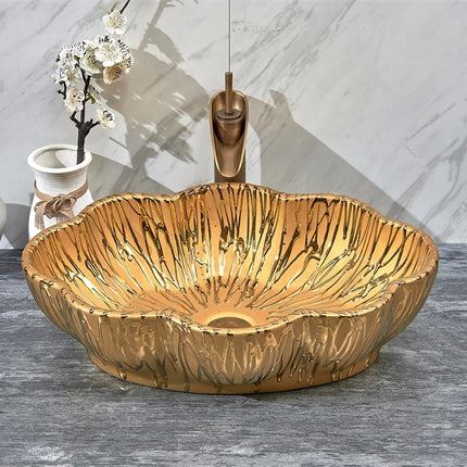 Flower edge ceramic hand wash golden basin for bathroom