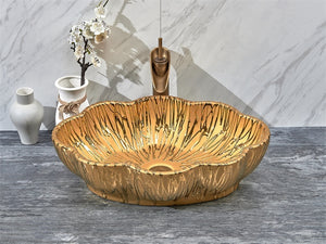 Flower edge ceramic hand wash golden basin for bathroom