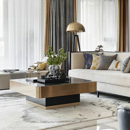 Deluxe Stainless steel furniture living room glass table square coffee table sets