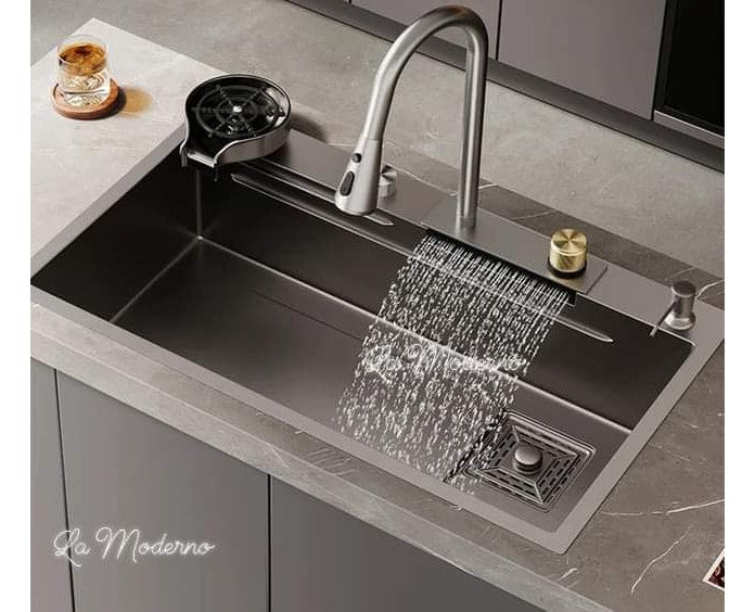 New Black Nanometer Handmade Raindance 304 Stainless Steel Above Mount Waterfall Faucet Farmhouse Kitchen Sinks