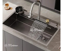 Load image into Gallery viewer, New Black Nanometer Handmade Raindance 304 Stainless Steel Above Mount Waterfall Faucet Farmhouse Kitchen Sinks
