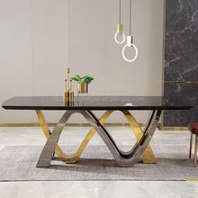 Lade das Bild in den Galerie-Viewer, furniture market royal design dining table set modern 8 chairs gold rose metal base table set
