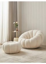 Загрузить изображение в средство просмотра галереи, Boconcept Cream White Channeled Pumpkin Shaped Boucle Swivel Lounge Chair With Footstool
