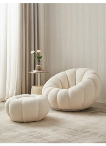 Boconcept Cream White Channeled Pumpkin Shaped Boucle Swivel Lounge Chair With Footstool