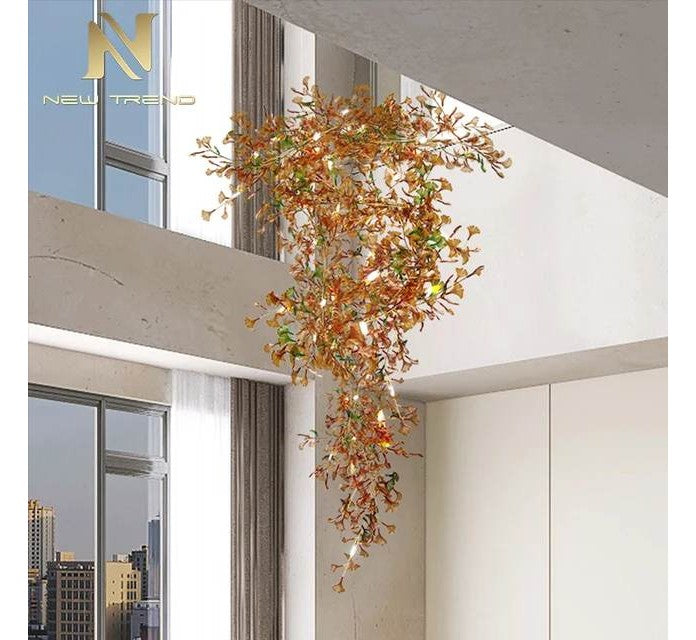 New Product Indoor Decoration Hotel Lobby Banquet Hall Custom Ginkgo Leaf Glass LED Chandelier