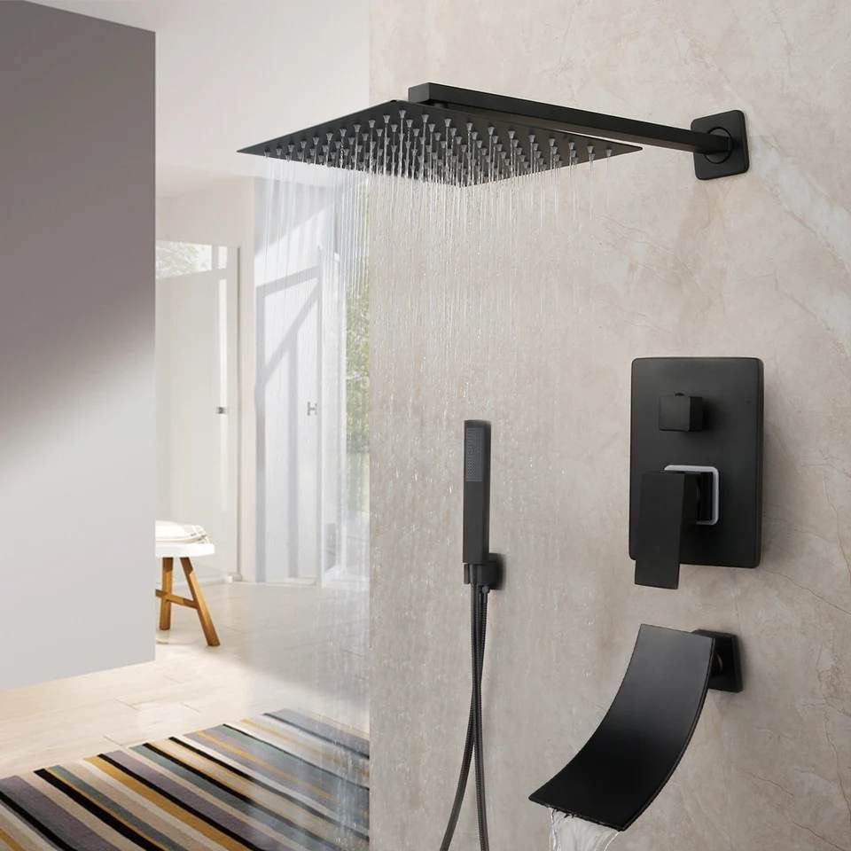 Matte Black 3 Function Shower Faucet Set Rain Head Waterfall Tub Tap Hand Shower 2 Buyers