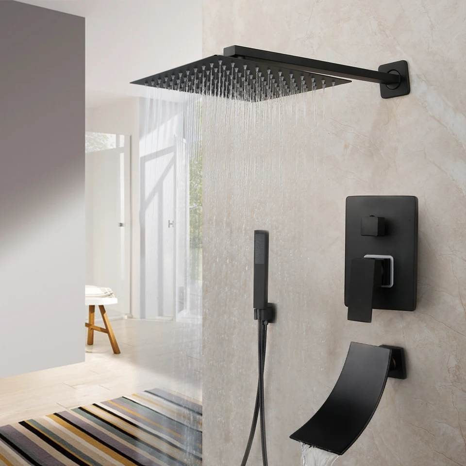 Matte Black 3 Function Shower Faucet Set Rain Head Waterfall Tub Tap Hand Shower 2 buyers