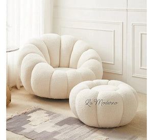 Boconcept Cream White Channeled Pumpkin Shaped Boucle Swivel Lounge Chair With Footstool
