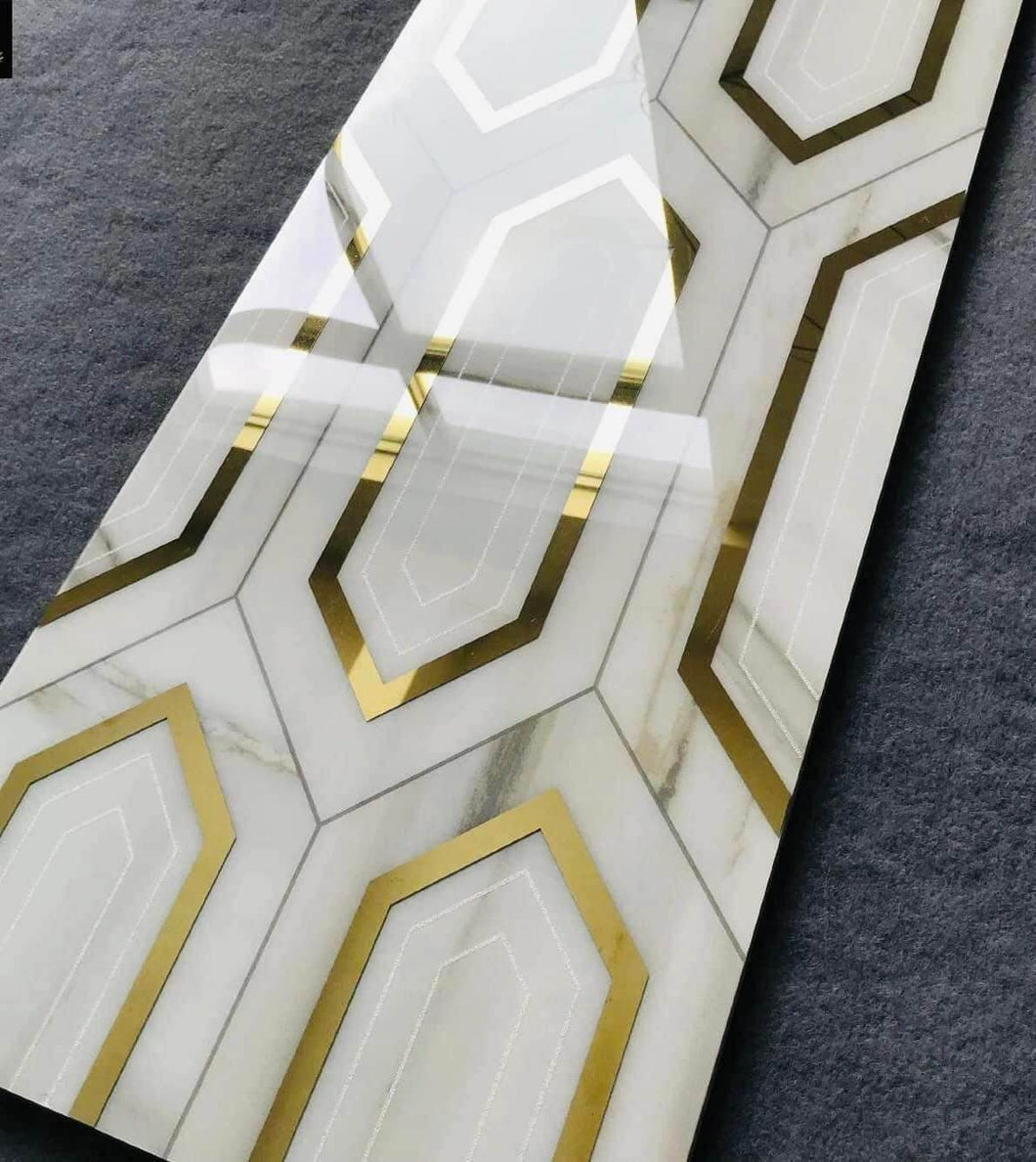 White Gold Tiles With Gold Diamond Design
