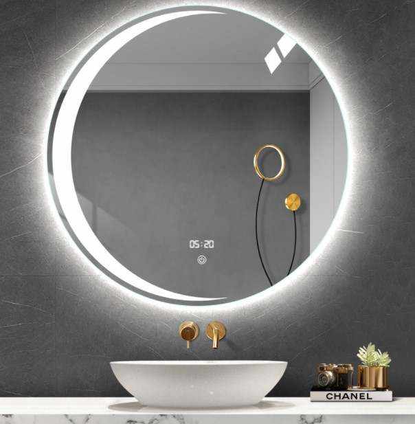 Moon Round Led Light Mirror with Antifog Tri color Time Date 60cm Round Waterproof Backlit LED Mirrors