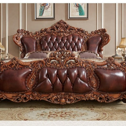 Amerikanisches Schlafzimmermöbel-Set, luxuriöses Kingsize-Bett aus Holz, klassisches Bett aus echtem Leder 