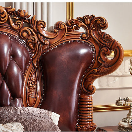 Amerikanisches Schlafzimmermöbel-Set, luxuriöses Kingsize-Bett aus Holz, klassisches Bett aus echtem Leder 
