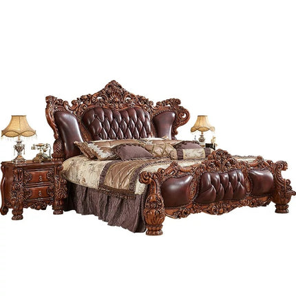 Amerikanisches Schlafzimmermöbel-Set, luxuriöses Kingsize-Bett aus Holz, klassisches Bett aus echtem Leder 