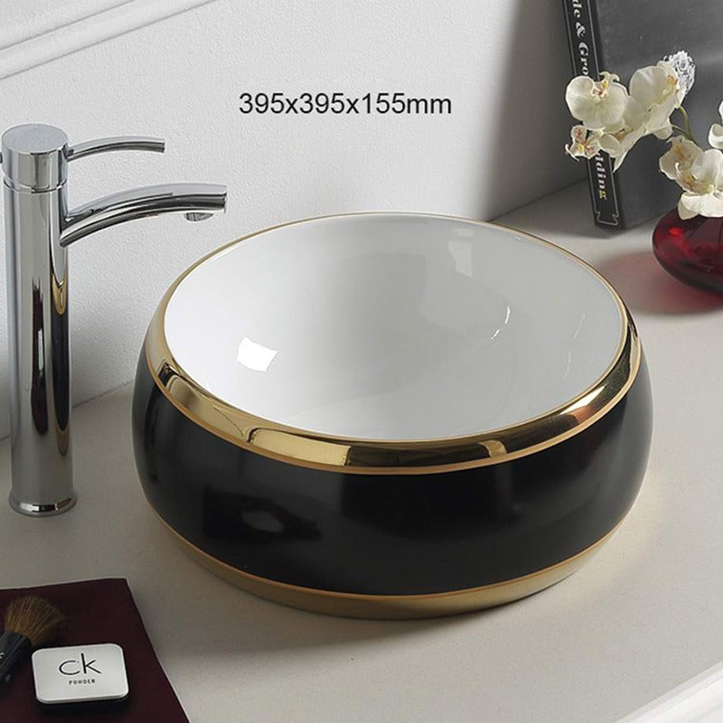 Ceramic Black and Gold Wash Basin Tabletop Round
