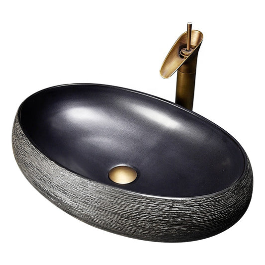 Porcelain Black Stone Look Basin Countertop Oval Bathroom Sink Countertop