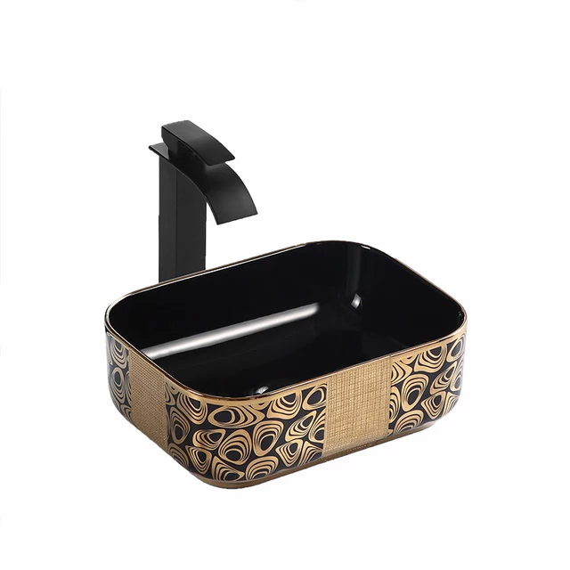 Sanitary ware luxury golden color countertop basin ceramic black decal bathroom art sink