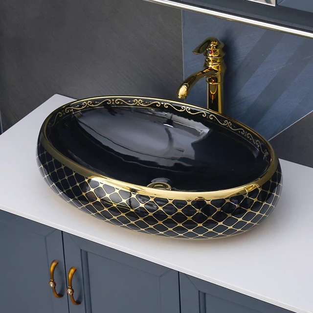 Oval Shape Black Gold Pattern Basin Coutertop Sink Tabletop Porcelain