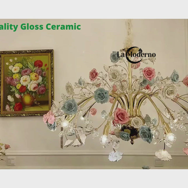 Floral Ceramic Iron Chandelier Pendant Light Crystal