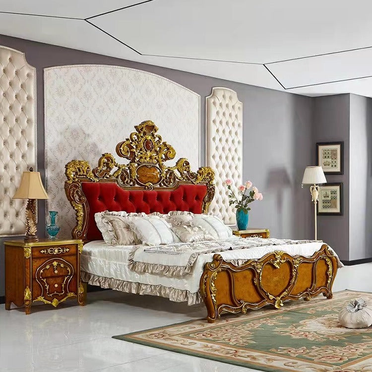 Luxury bedroom set king size solid wood bed frames gold European luxury wooden bed