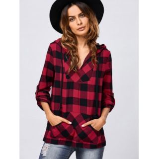 Women Ladies Authentic Stripe Longsleeve 3/4 sleeve Kangaroo Pocket Adjustable Sleeve Plaid Hoodie