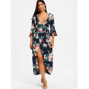 Women Ladies Long Dress Summer Print Maxi Surplice Dress Summer Sexy Floral