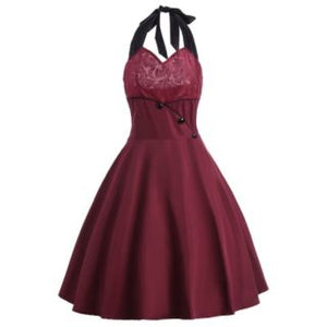 Womens Ladies Sleeveless semi backless Red Wine Vintage Dress. Halter Buttons Lace Panel Dress