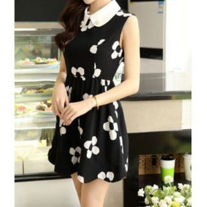 Stylish Turn-Down Collar Sleeveless Floral Print Faux Pearl Embellished Slimming Women's Dress