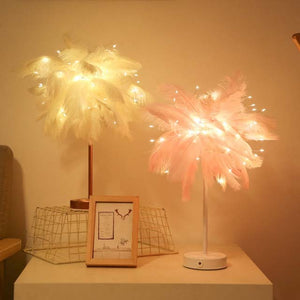 Feather Table Lamp Romantic Feather Lampshade LED Night Lamp for Bedroom Wedding Decorative Lights