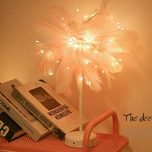 Feather Table Lamp Romantic Feather Lampshade LED Night Lamp for Bedroom Wedding Decorative Lights