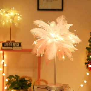 Feather Table Lamp Romantic Feather Lampshade LED Night Lamp for Bedroom Wedding Decorative Lights