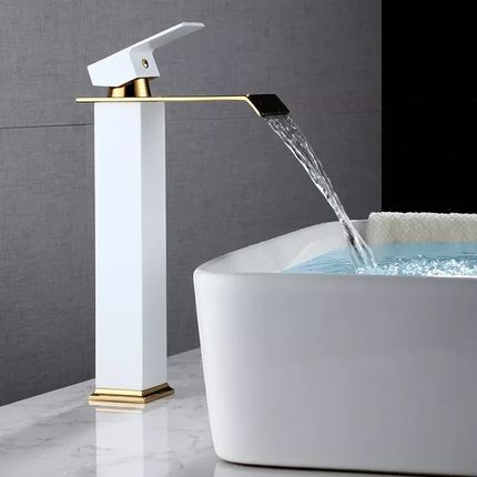 White Gold Color Brass Bathroom Waterfall Bathroom Basin Faucet