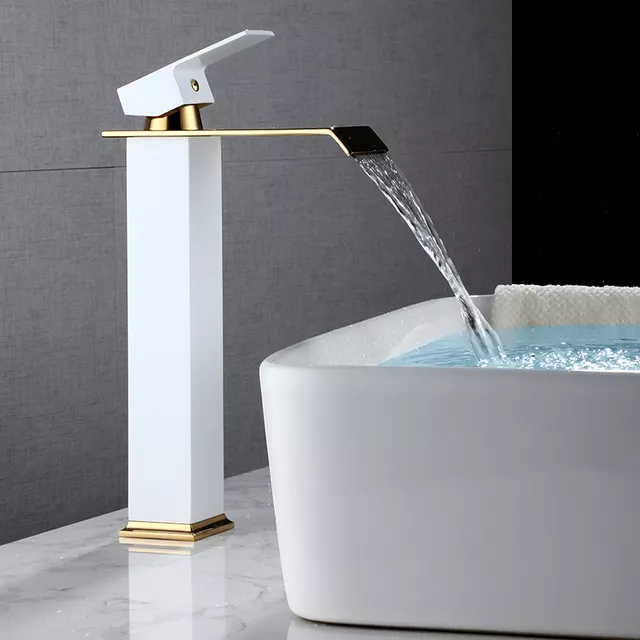 White gold color brass bathroom waterfall bathroom basin faucet