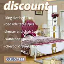 Load image into Gallery viewer, Luxury king size solid wood bed frames gold European luxury wooden bed with wardrobe
