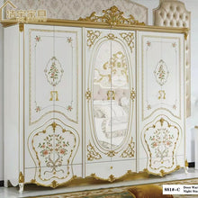 Load image into Gallery viewer, Luxury king size solid wood bed frames gold European luxury wooden bed with wardrobe
