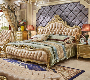 Italian Luxury champagne wood color bedroom furniture for bedrooms, leather bedroom set furniture