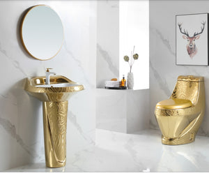 Complete Set Luxury Gold Toilet Seat Bowl Soft Closing  Electroplating Tornado Flush with Stand Alone Wash Basin and FAUCET