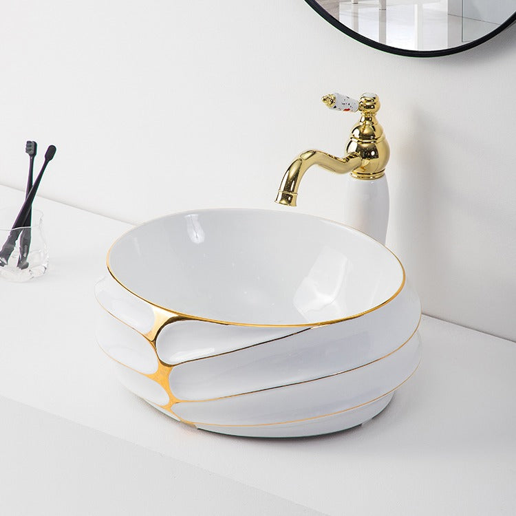 Decorative Oval Countertop Bathroom Sink White and Gold Porcelain Art Basin Hand Face Wash Basin for Hotel Vanity