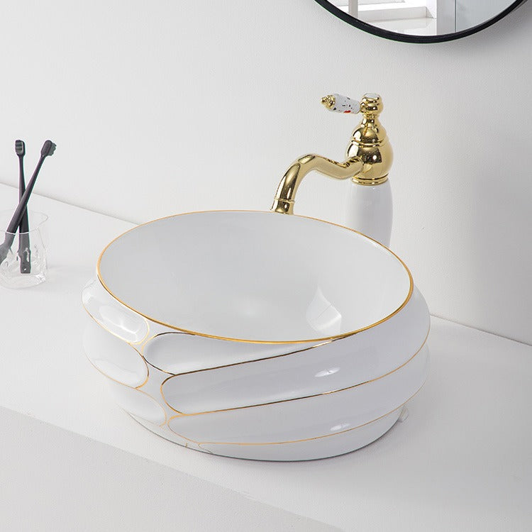 Decorative Oval Countertop Bathroom Sink White and Gold Porcelain Art Basin Hand Face Wash Basin for Hotel Vanity