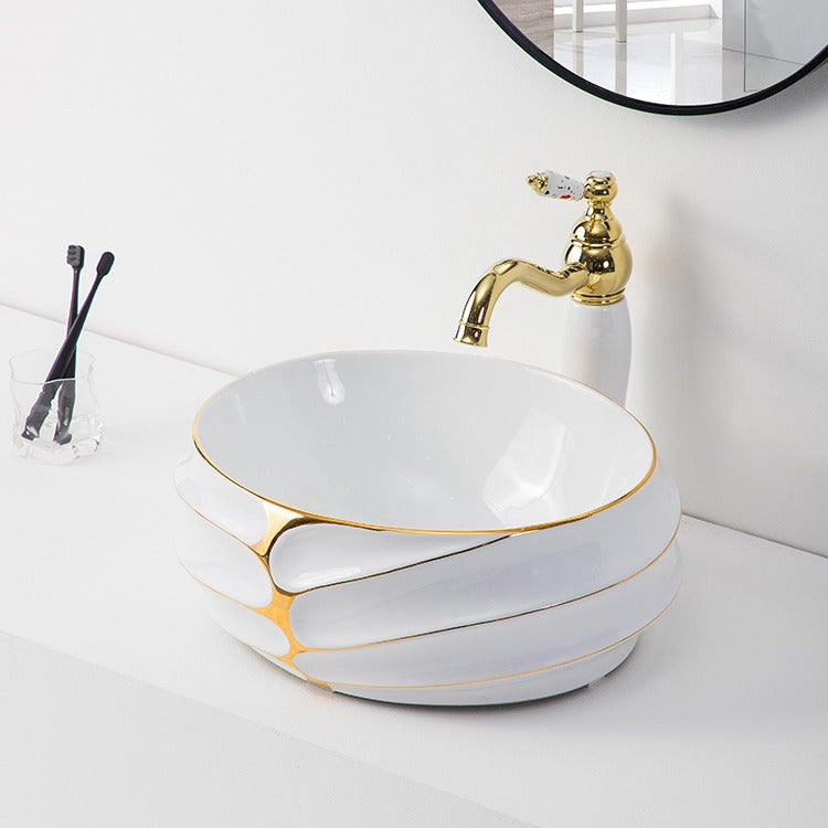 Decorative Oval Countertop Bathroom Sink White and Gold Porcelain Art Basin Hand Face Wash Basin for Hotel Vanity