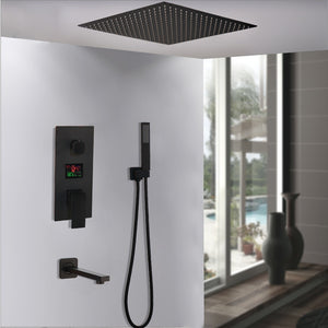 16" Matte Black Shower Faucet Set 3-Way Digital Valve Rain Shower Head Mixer Tap