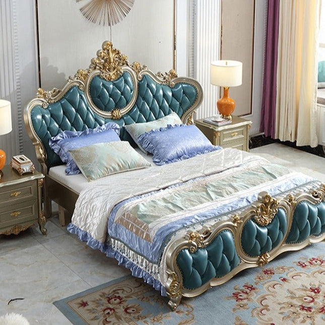 Leather Furniture Blue Bedroom Furniture Set, Wooden Bed Room Luxury Adult European Oak Home Furniture,home Furniture Turkey