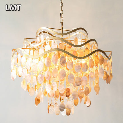 Living room bedroom modern golden pendant lights natural shell decorated round luxury k9 crystal chandelier "Price depends on the size you need"