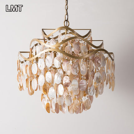 Living room bedroom modern golden pendant lights natural shell decorated round luxury k9 crystal chandelier "Price depends on the size you need"