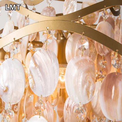 Living room bedroom modern golden pendant lights natural shell decorated round luxury k9 crystal chandelier "Price depends on the size you need"