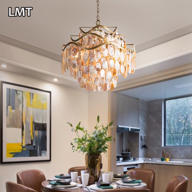 Wohnzimmer- und Schlafzimmer-Modern-Gold-Pendelleuchten, runder Luxus-Kronleuchter aus K9-Kristall mit Naturmuschelverzierung. „Der Preis richtet sich nach der benötigten Größe.“ 