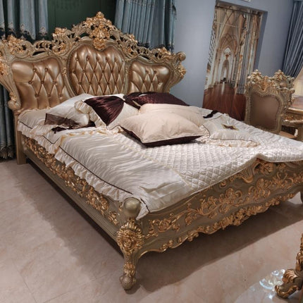 Luxury bedroom set fancy furniture real leather king size bed craving bedroom set