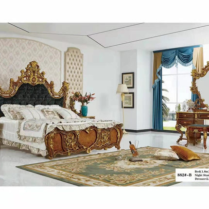 Luxury bedroom set king size MDF wood bed frames gold European luxury wooden bed set with wardrobe