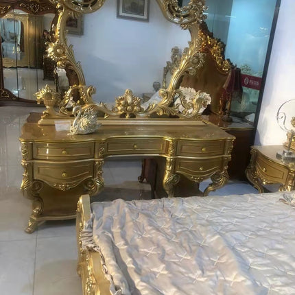 Luxury bedroom set king size MDF wood bed frames gold European luxury wooden bed set with wardrobe