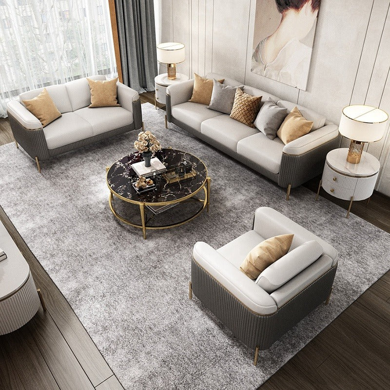 Luxury leather modern stainless steel furniture sofa living room featured three seater sofa