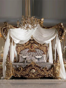 Luxury Style Royal Imperial Hand Made European Rococo Gold Leafing Antique Bed for Master Bedroom